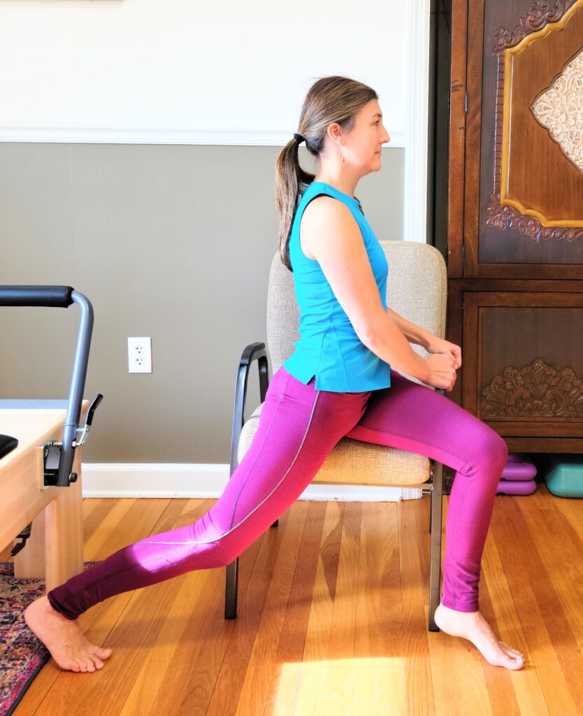 Seated hip flexor stretch with knee straight for posture exercises